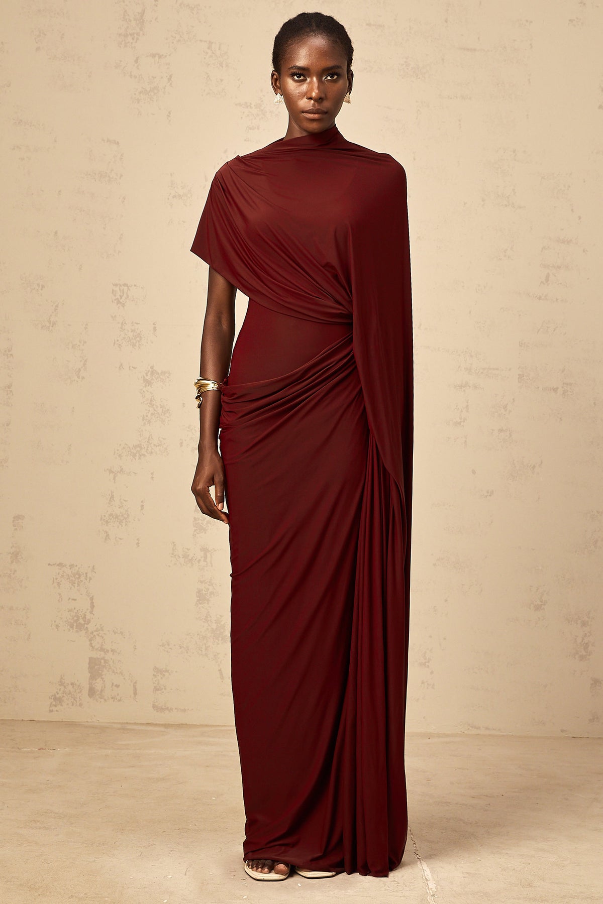 Priscille asymmetrical draped cape & dress matching set in Burgundy