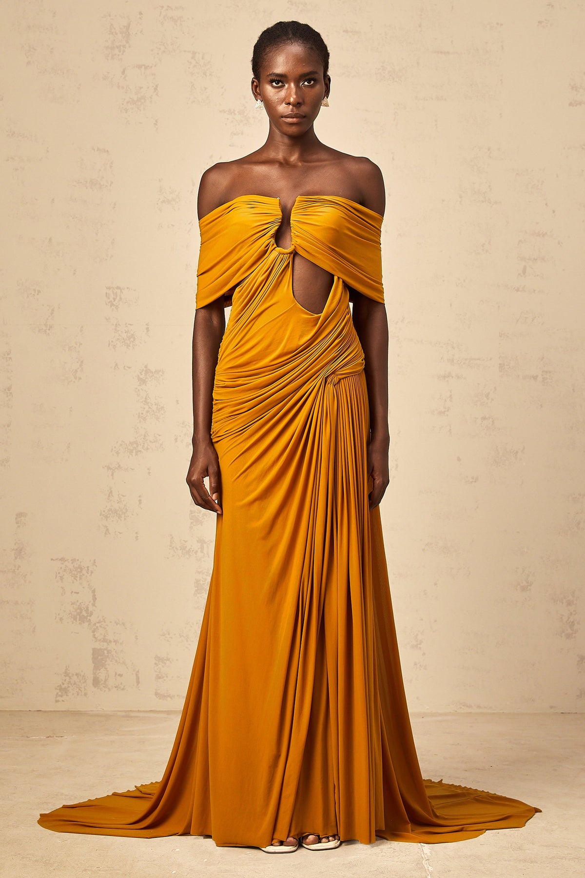 Ludivine ginger off-shoulder cut-out ruched maxi dress