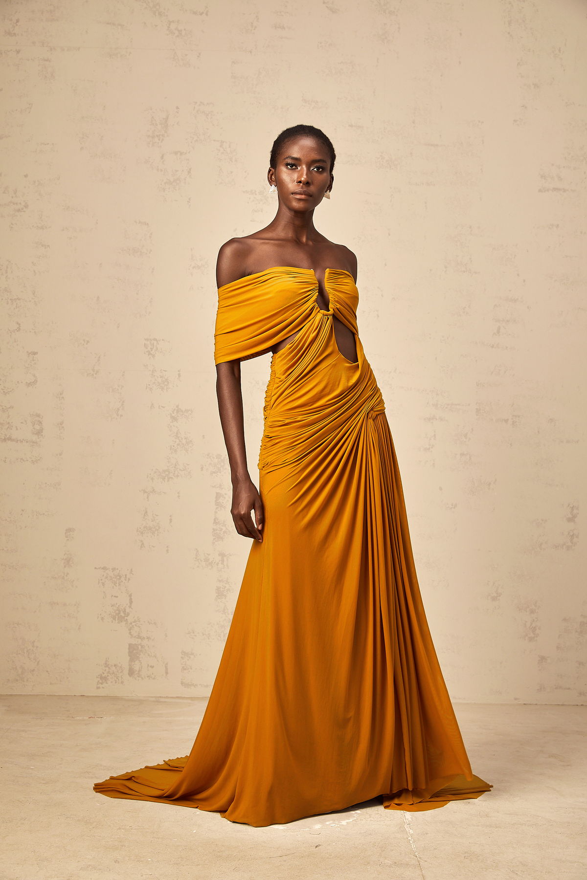 Ludivine ginger off-shoulder cut-out ruched maxi dress