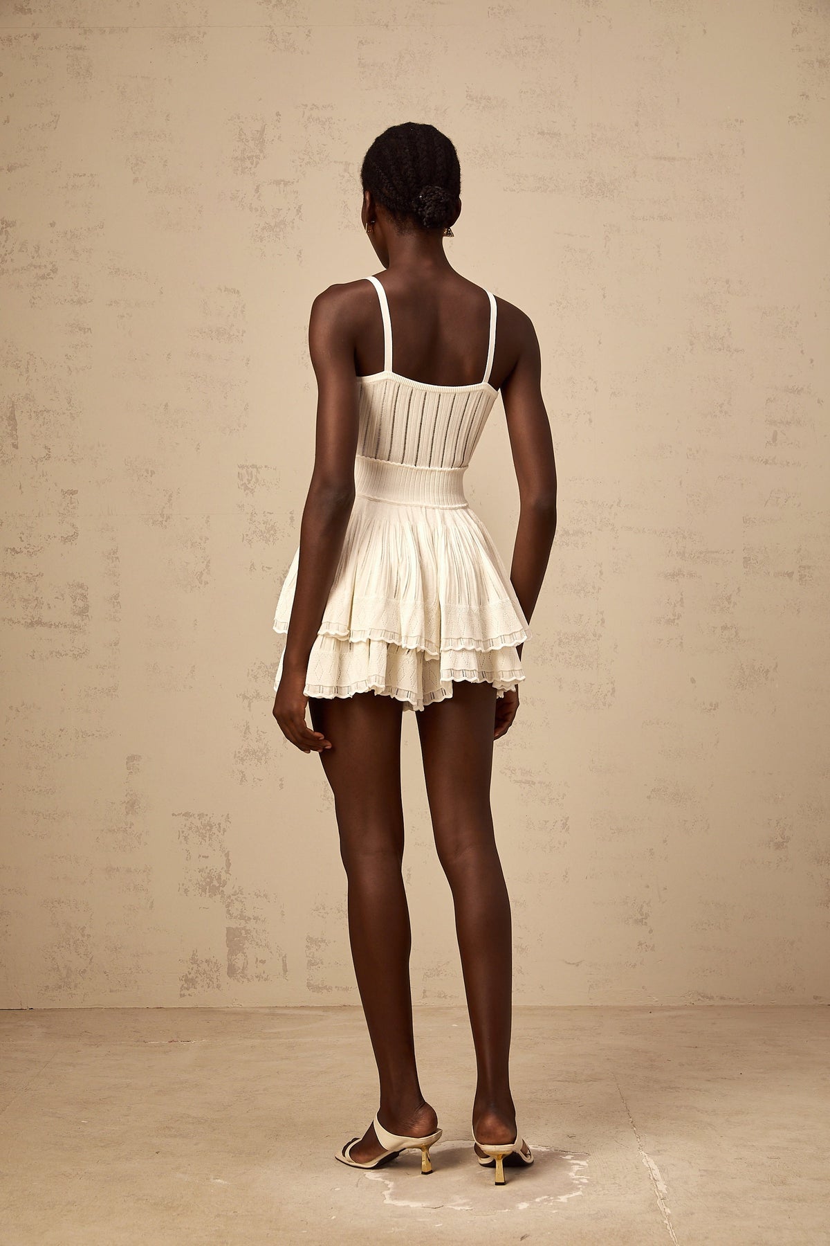 Oriane cream-white shirred crochet-knit top & culottes matching set