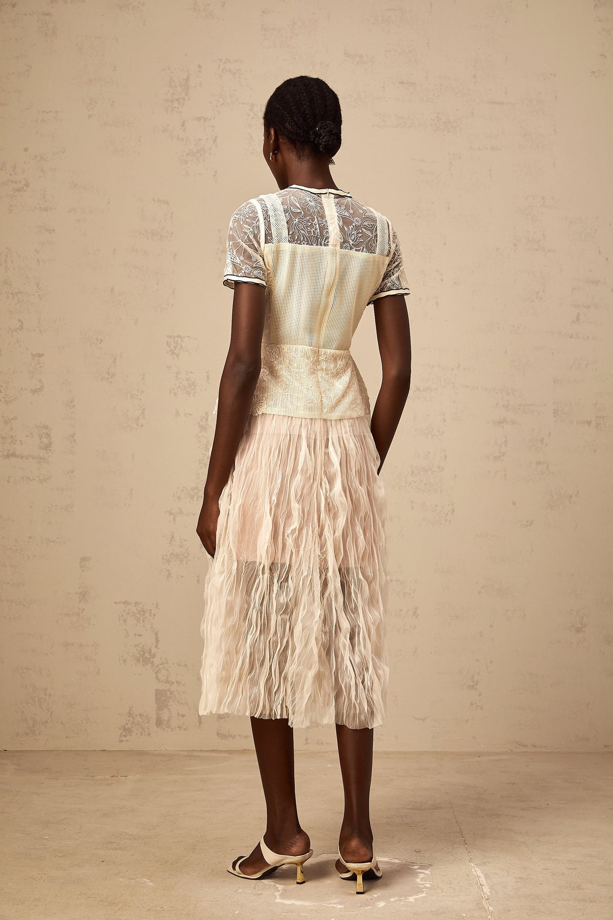Sandrine beige embroidered tulle midi dress (Final Sale)