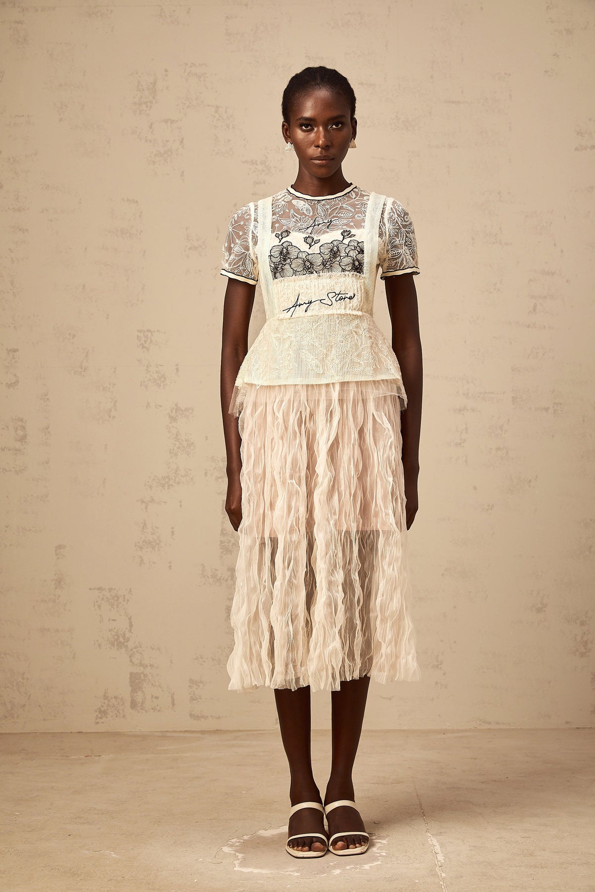Sandrine beige embroidered tulle midi dress (Final Sale)