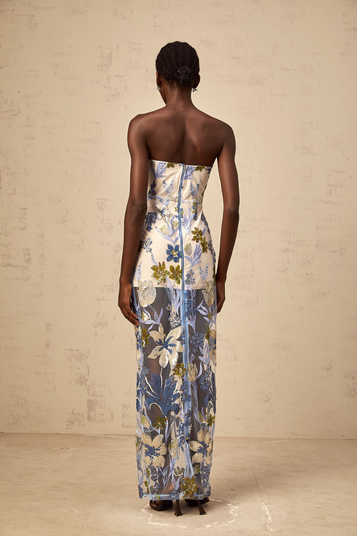 Patricia blue sequined flower-embroidered corset tulle maxi dress