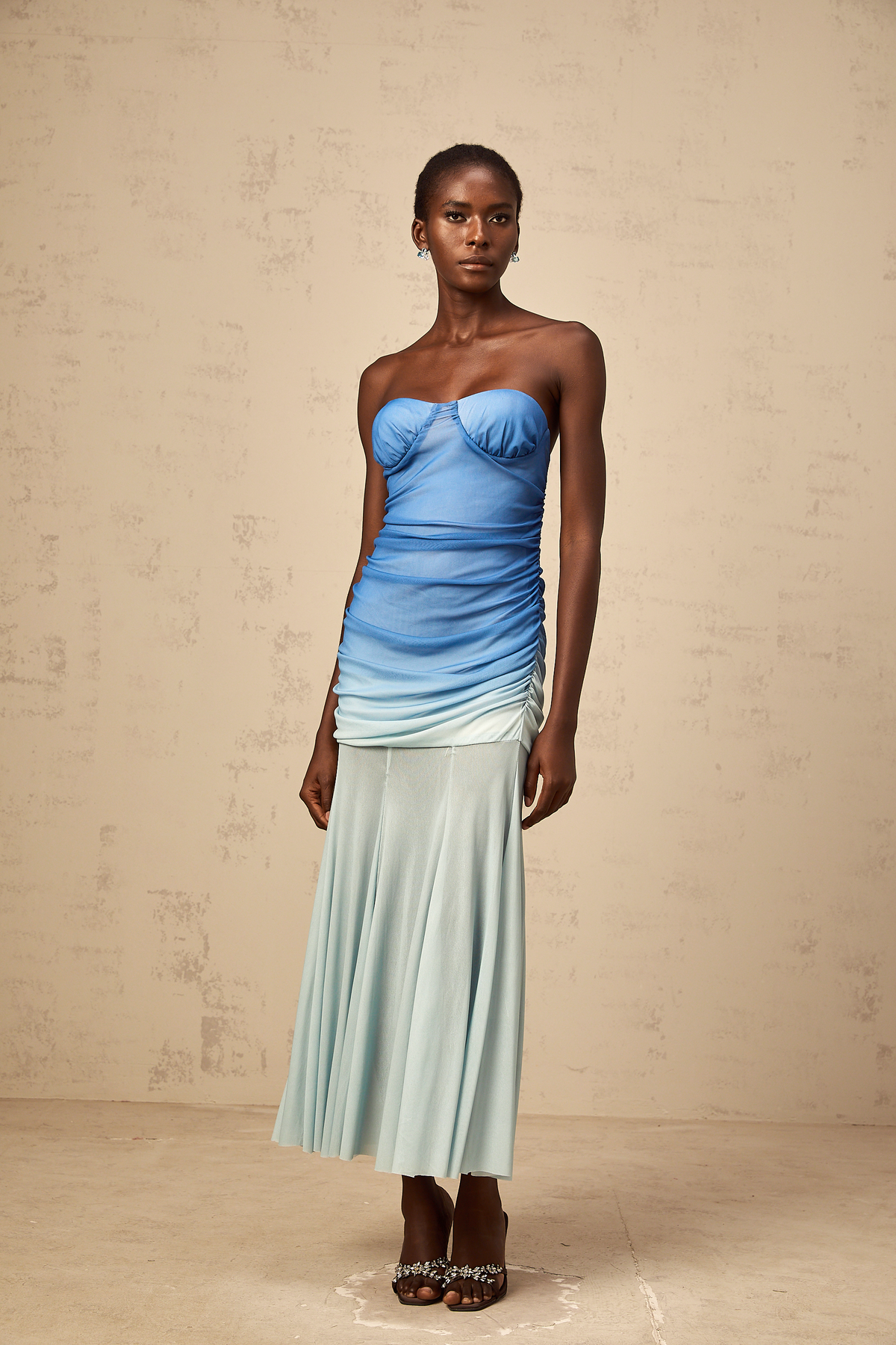 Océane blue gradient mesh midi dress