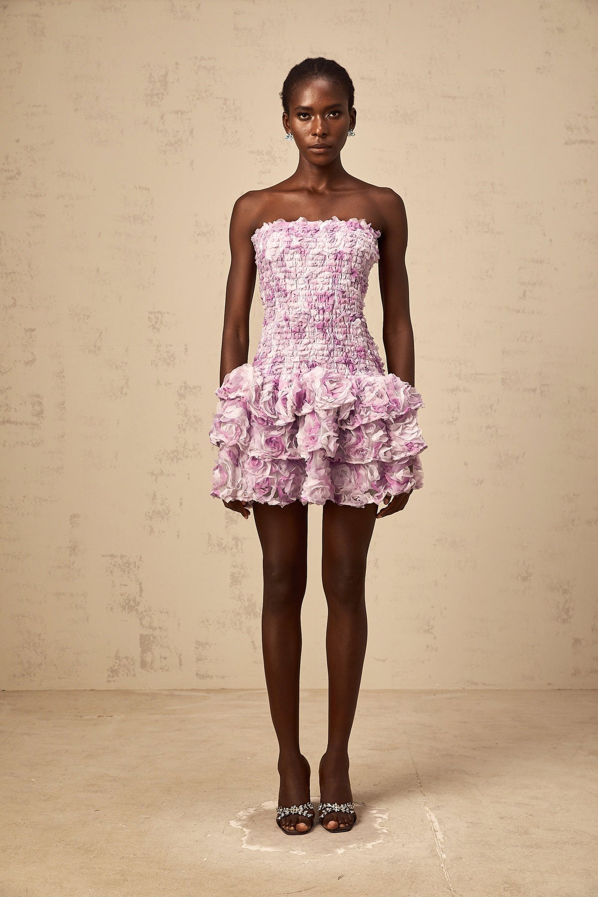 Mylène purple 3D-petal tiered tulle mini dress