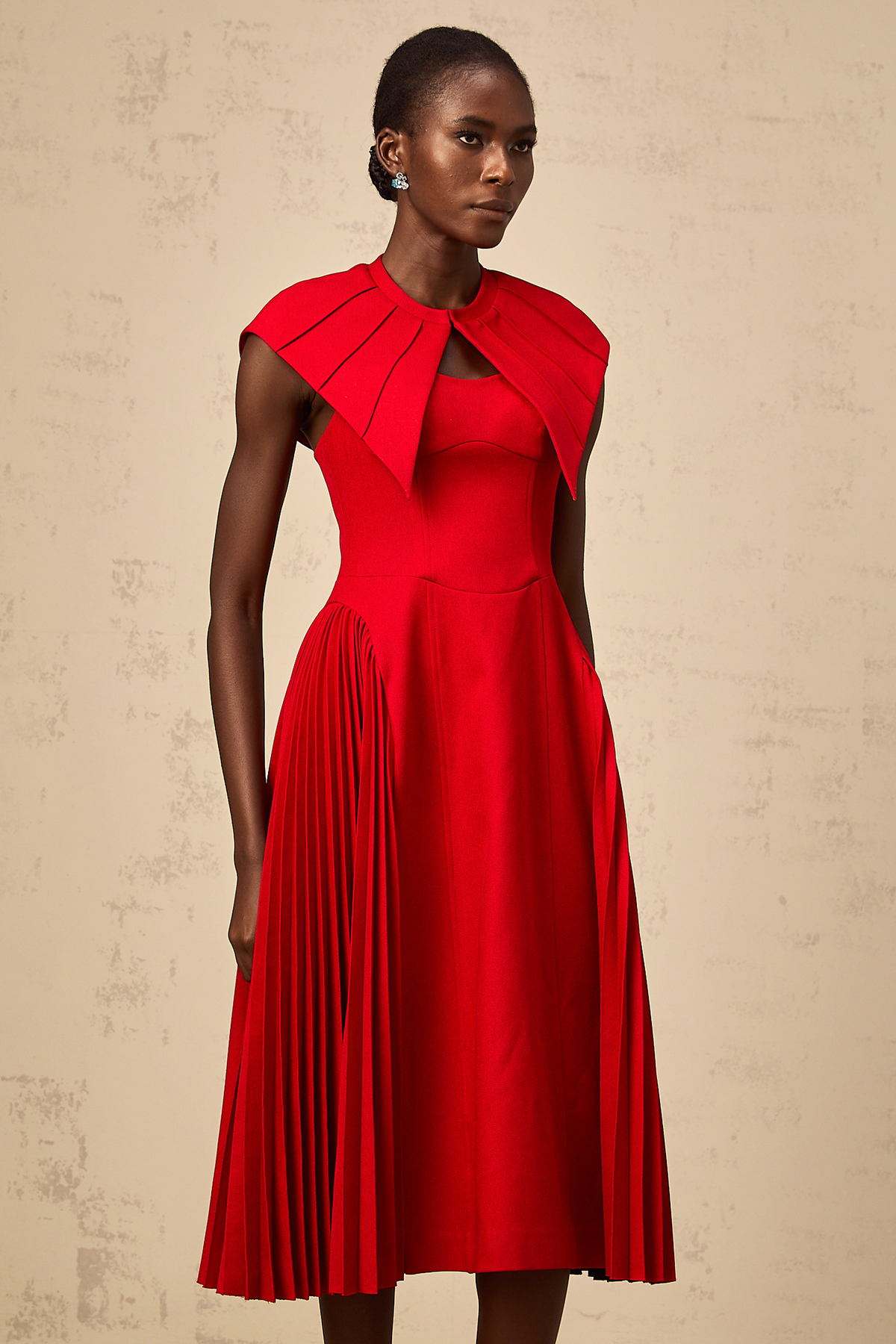 Amaryllis red cape-design pleated midi dress