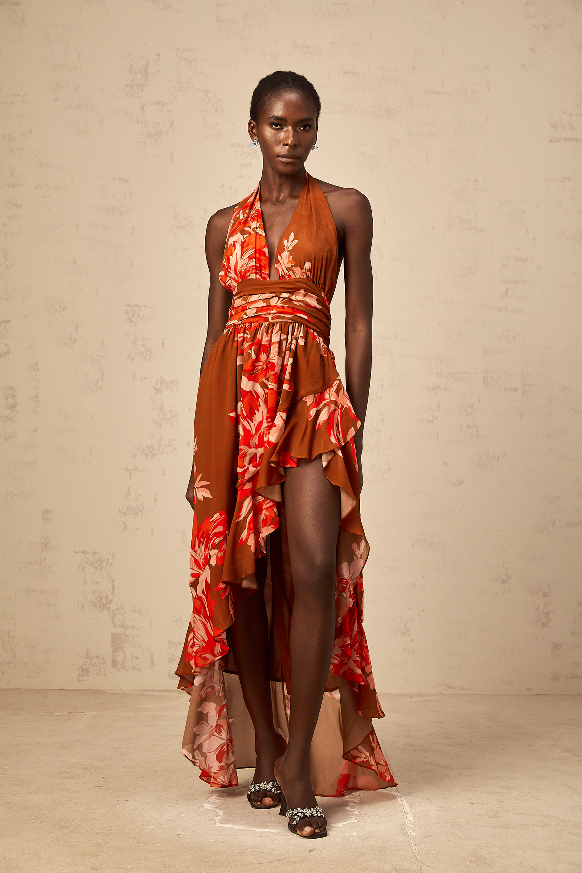 Angélique brown floral-print asymmetrical maxi dress
