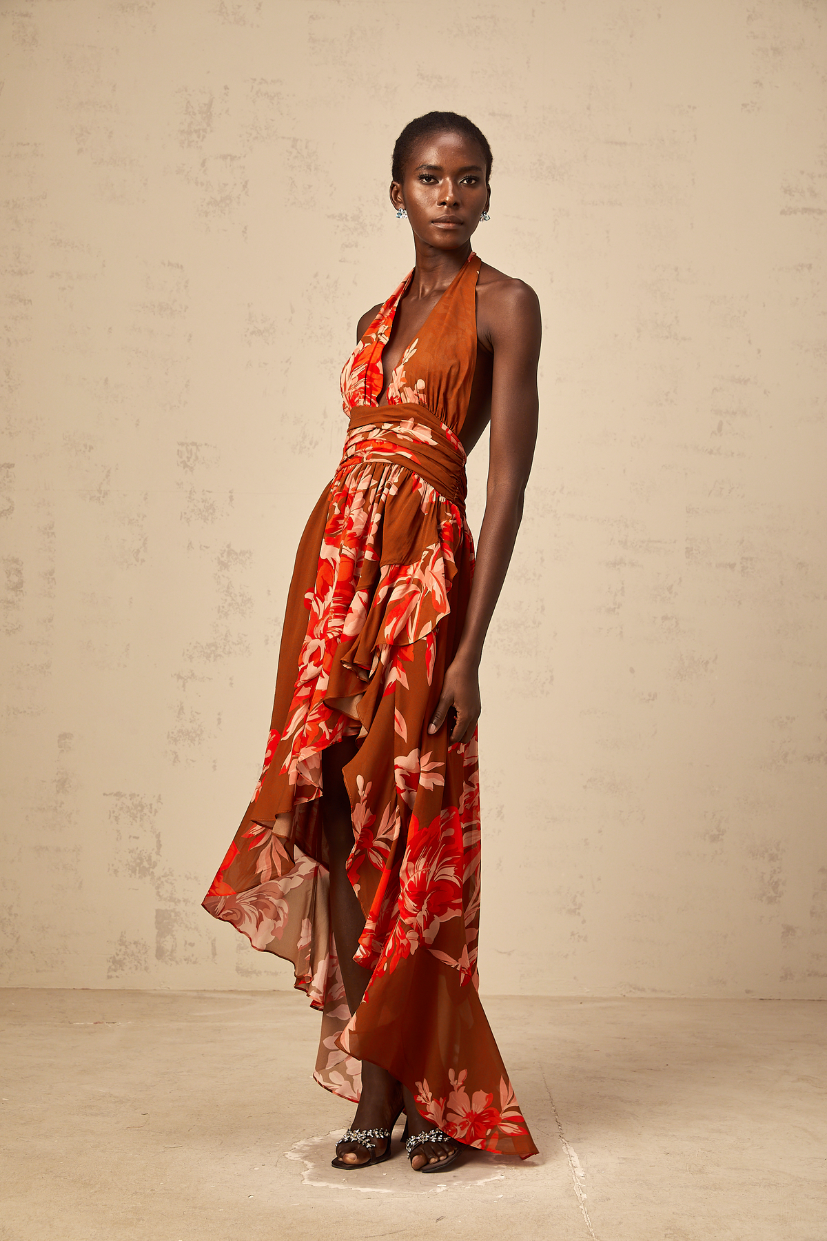 Angélique brown floral-print asymmetrical maxi dress