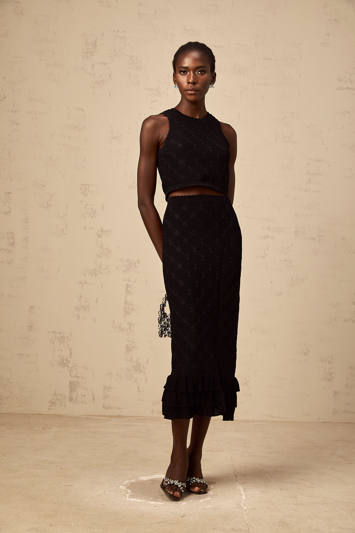 Joëlle black crochet-knit top & skirt matching set