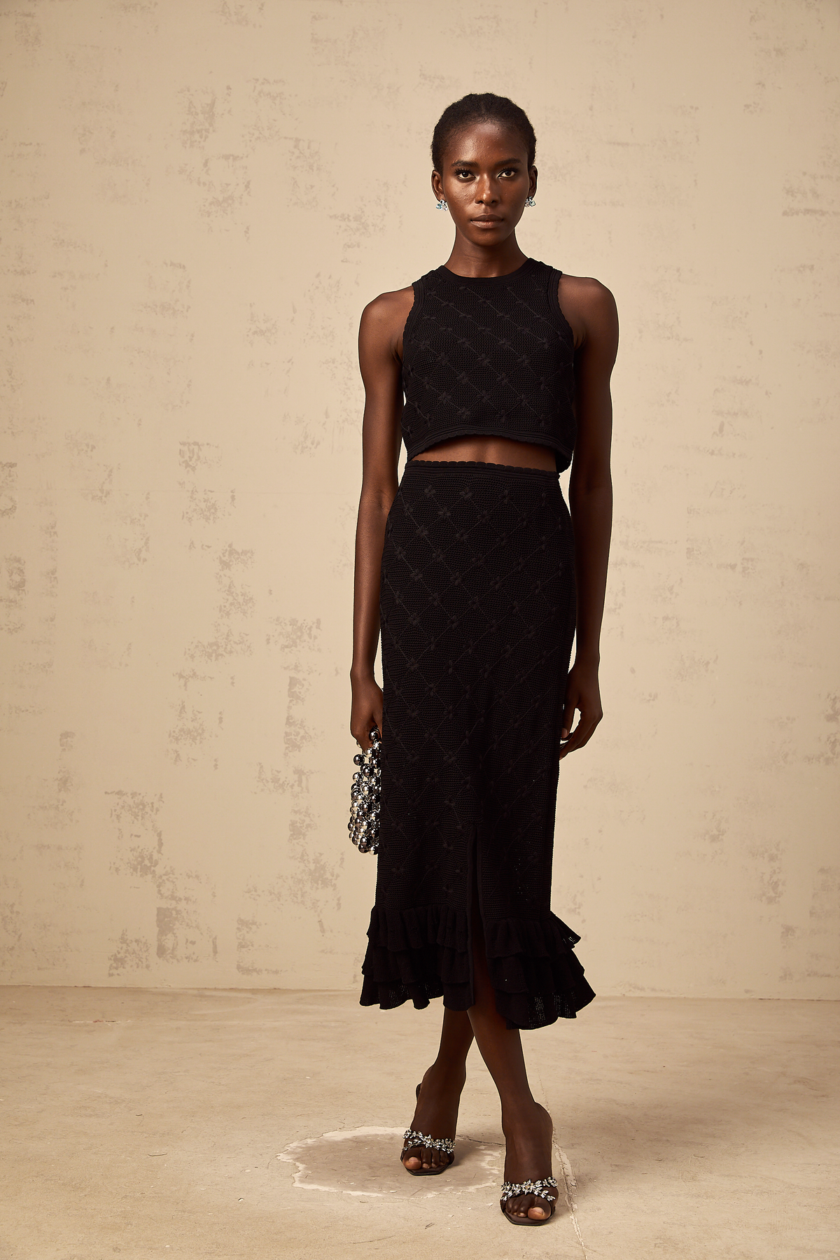 Joëlle black crochet-knit top & skirt matching set