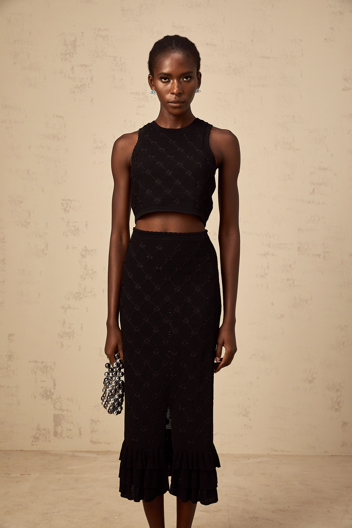 Joëlle black crochet-knit top & skirt matching set