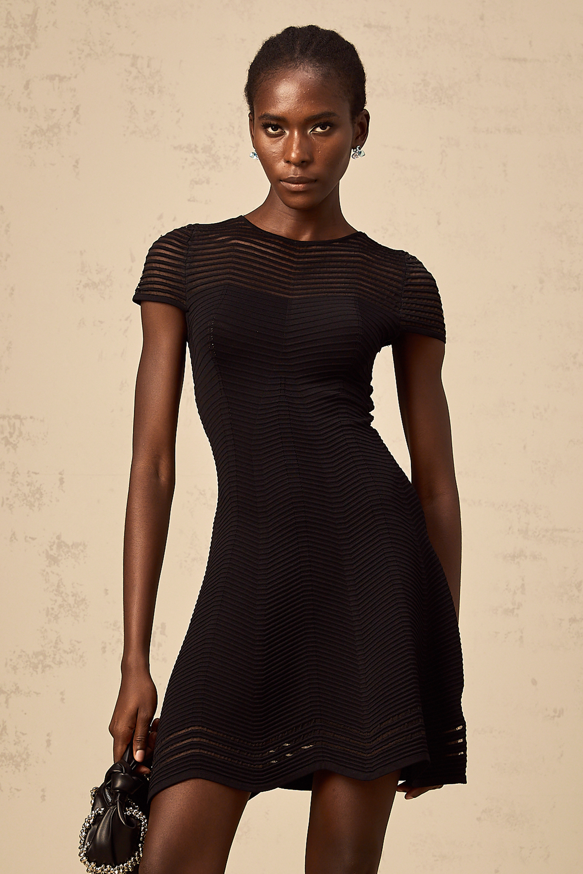 Mélisande black wavy-crochet textured mini dress