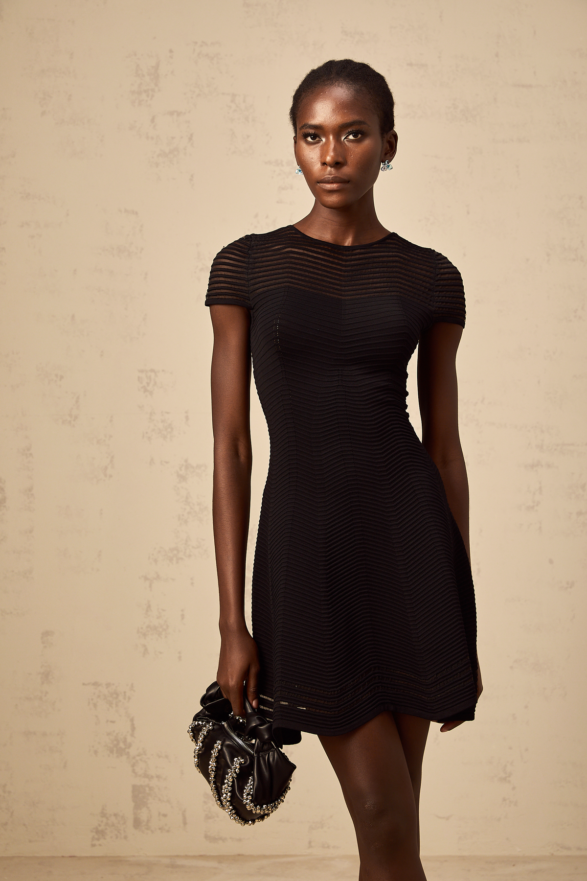 Mélisande black wavy-crochet textured mini dress