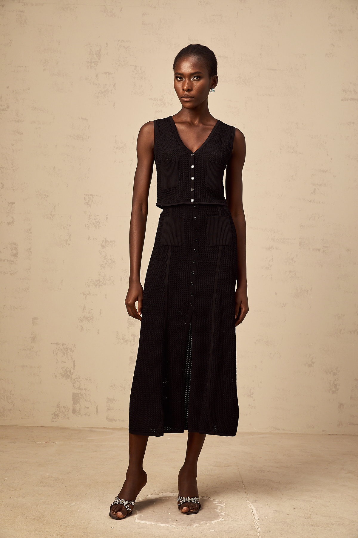Babette black pointelle-knit top & skirt matching set