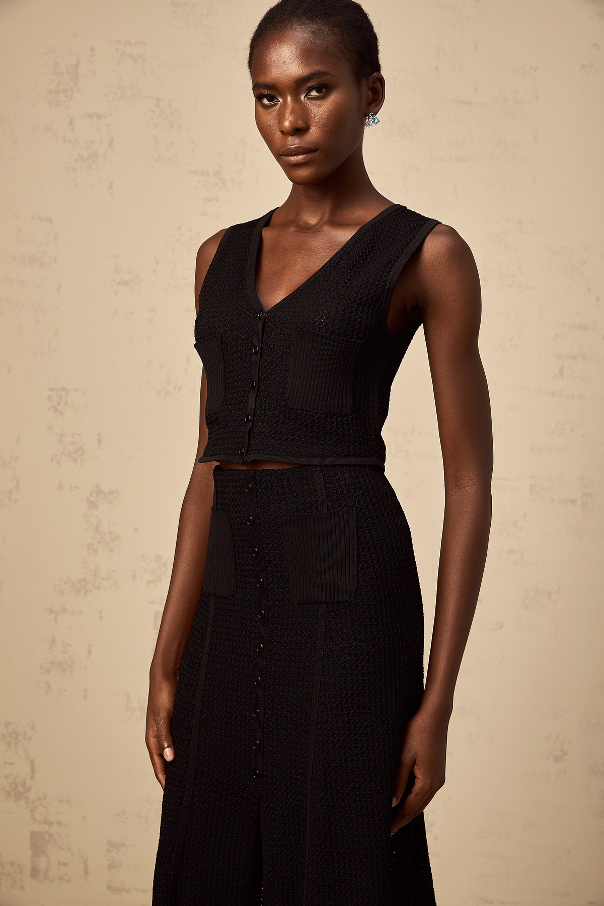 Babette black pointelle-knit top & skirt matching set