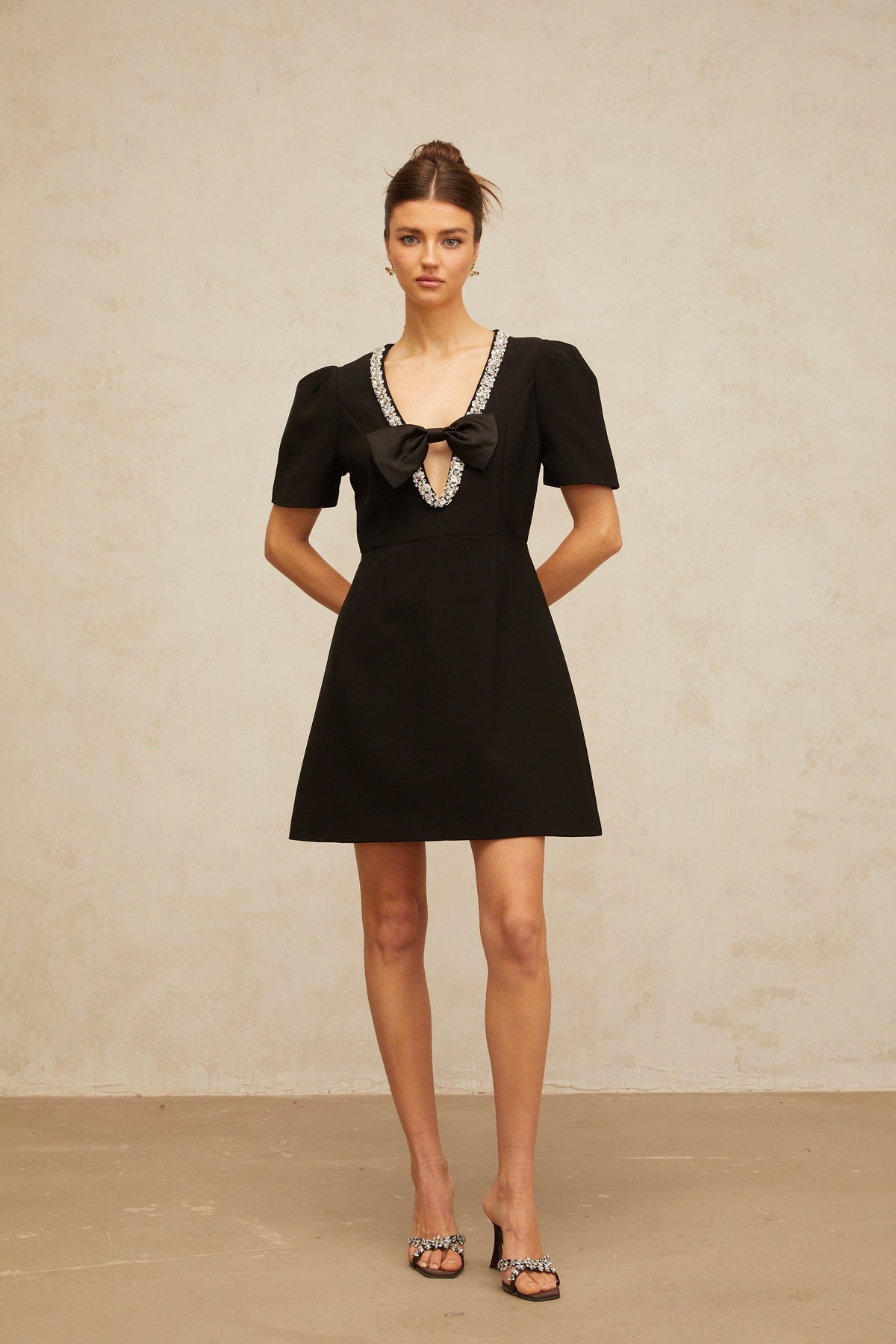 Léa black bow embellished mini dress