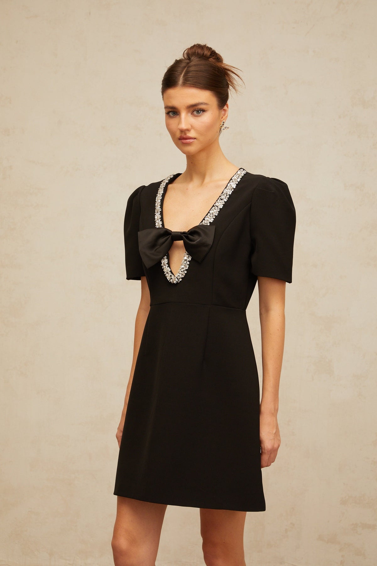 Léa black bow embellished mini dress
