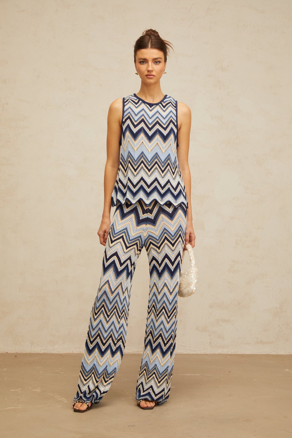 Irina blue zigzag-woven pointelle-knit top & trousers matching set