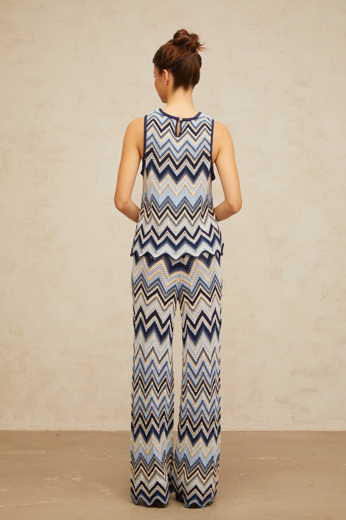 Irina blue zigzag-woven pointelle-knit top & trousers matching set