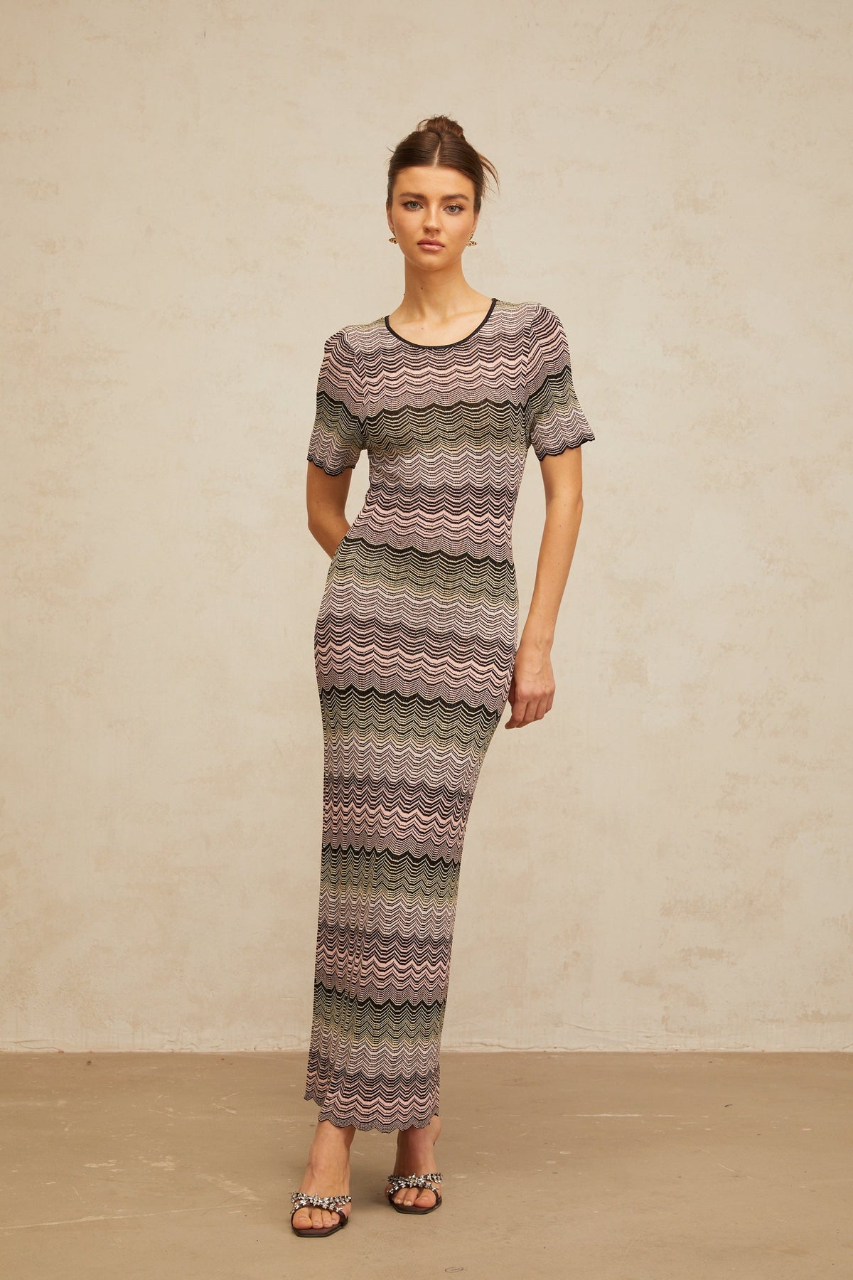 Louane pink wavy-crochet knit maxi dress