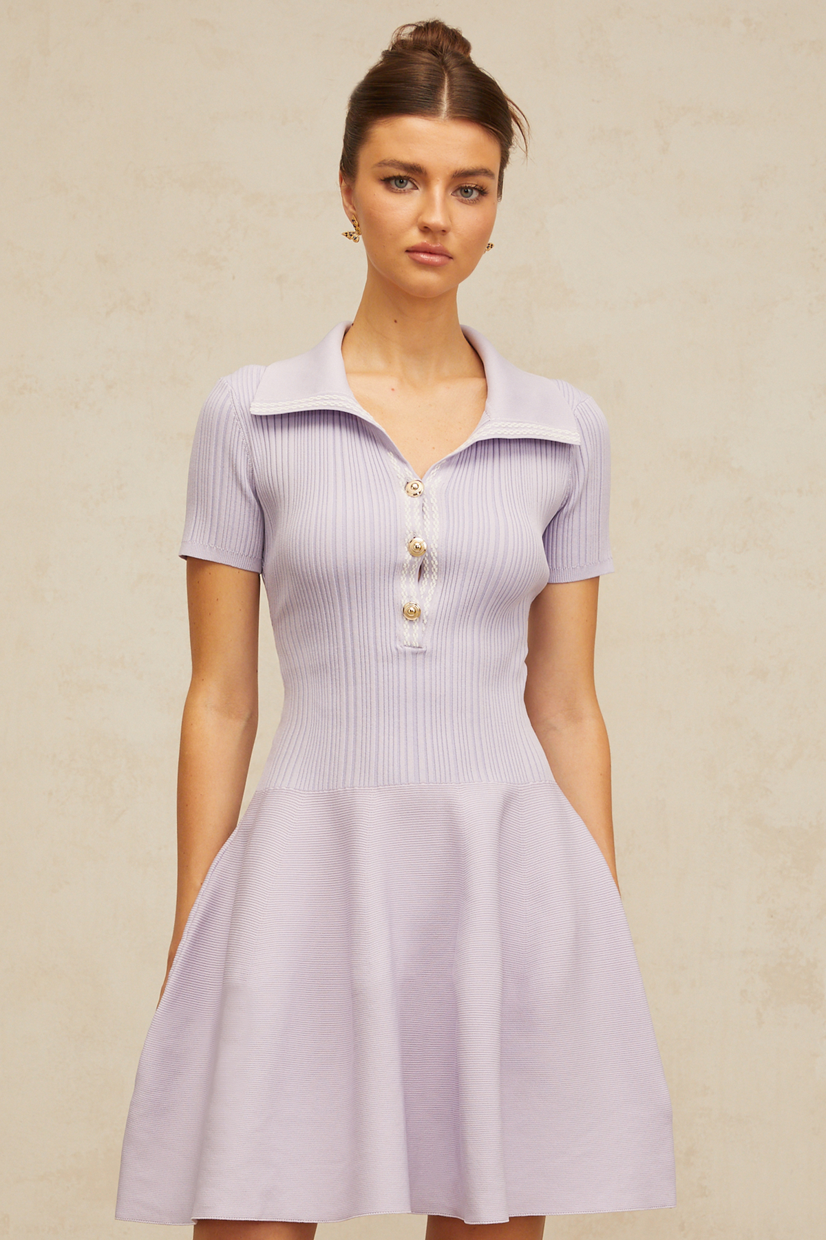 Vanessa lilac shirred flared knit mini dress