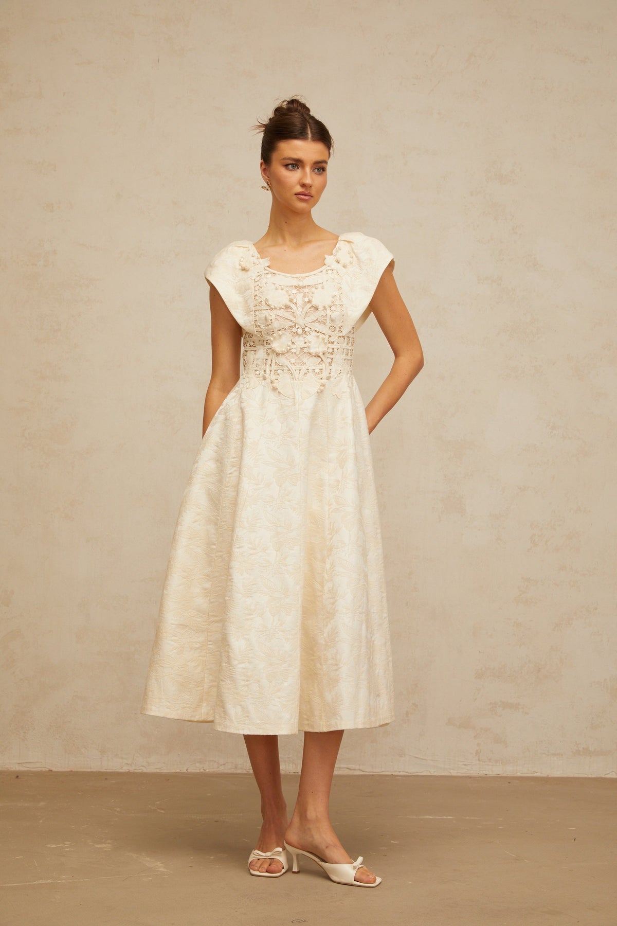 Xenia neutrals floral-embroidered embellished midi dress (Final Sale-US Only)