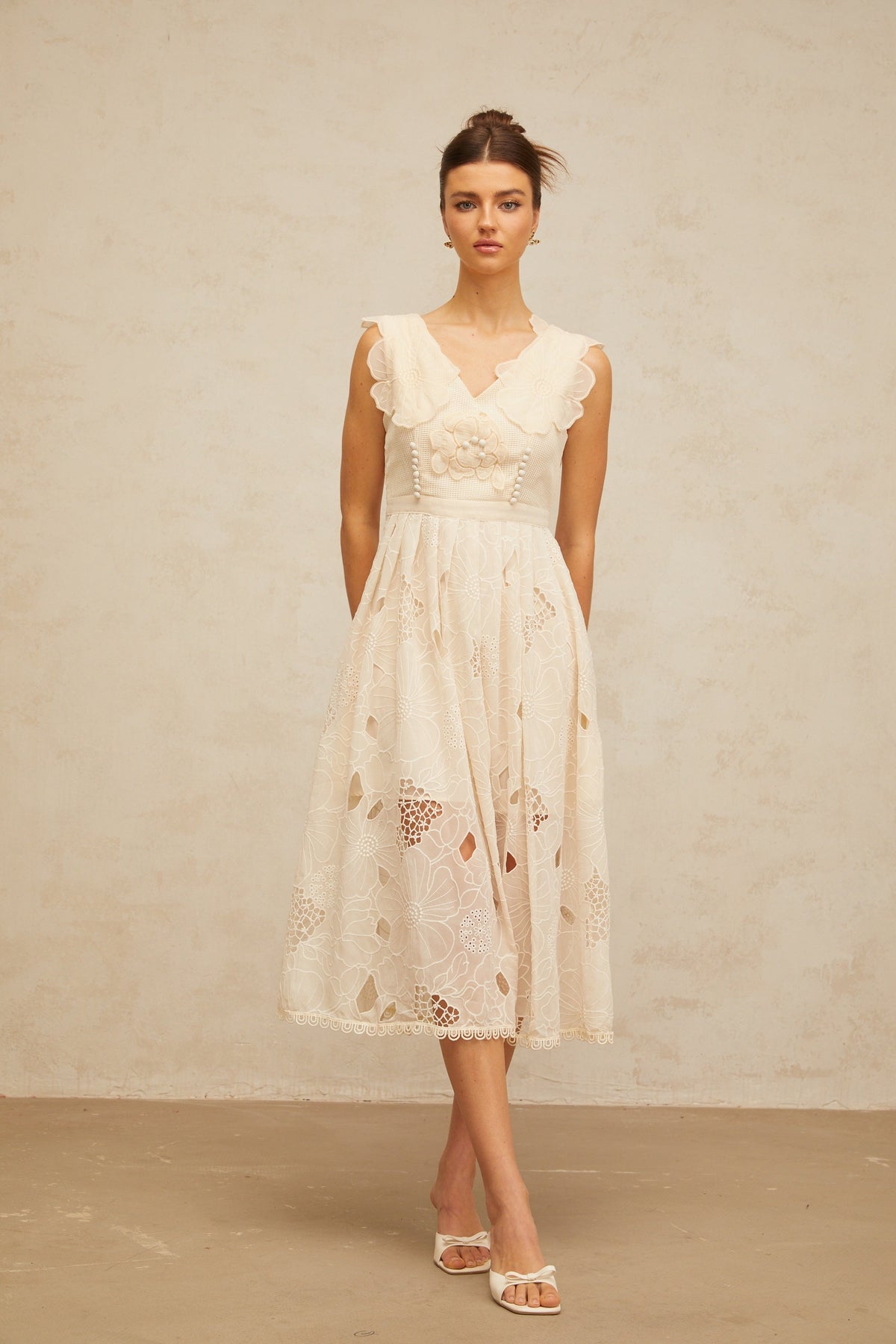 Anaïs neutrals beaded floral-embroidered midi dress