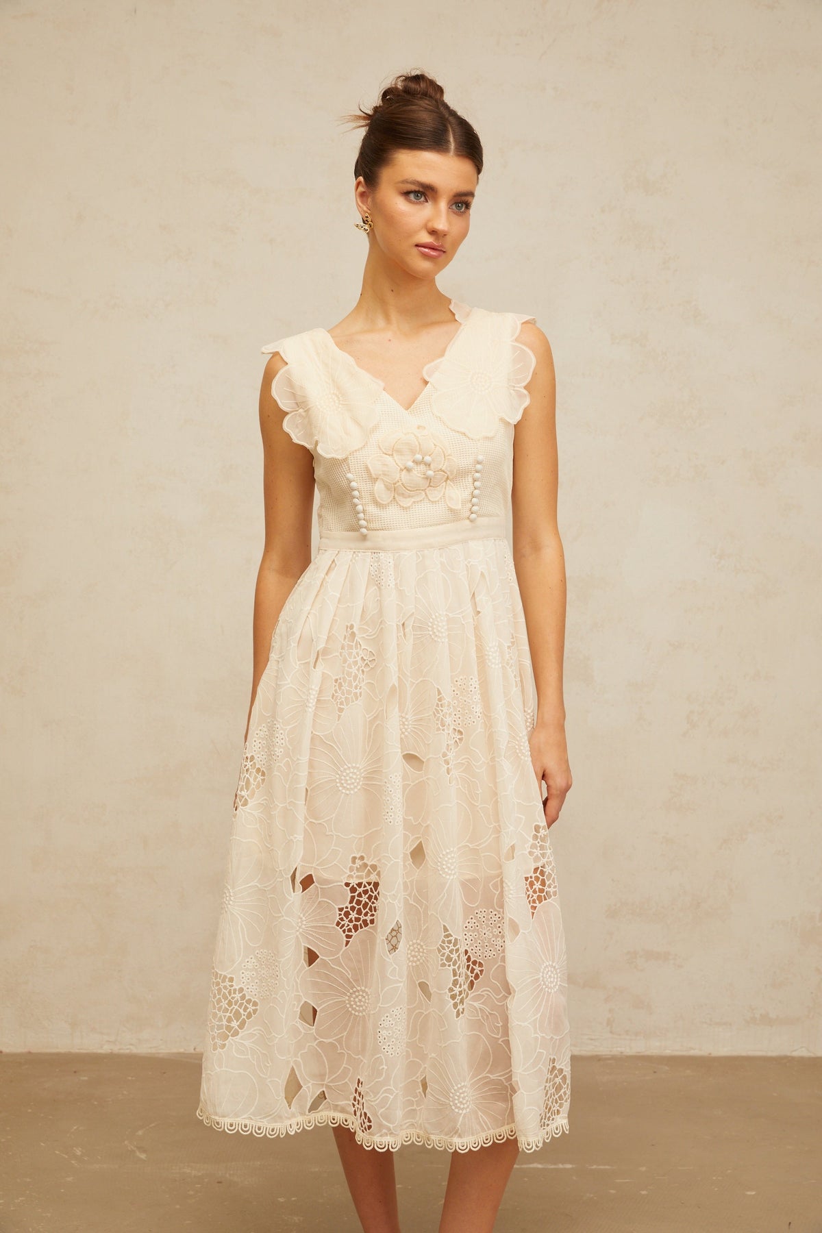 Anaïs neutrals beaded floral-embroidered midi dress (Final Sale-US Only)
