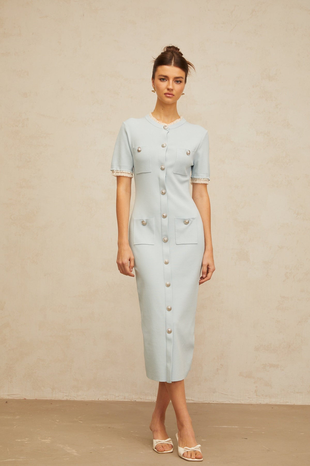 Mélisande light-blue pencil-silhouette knit midi dress (Final Sale)
