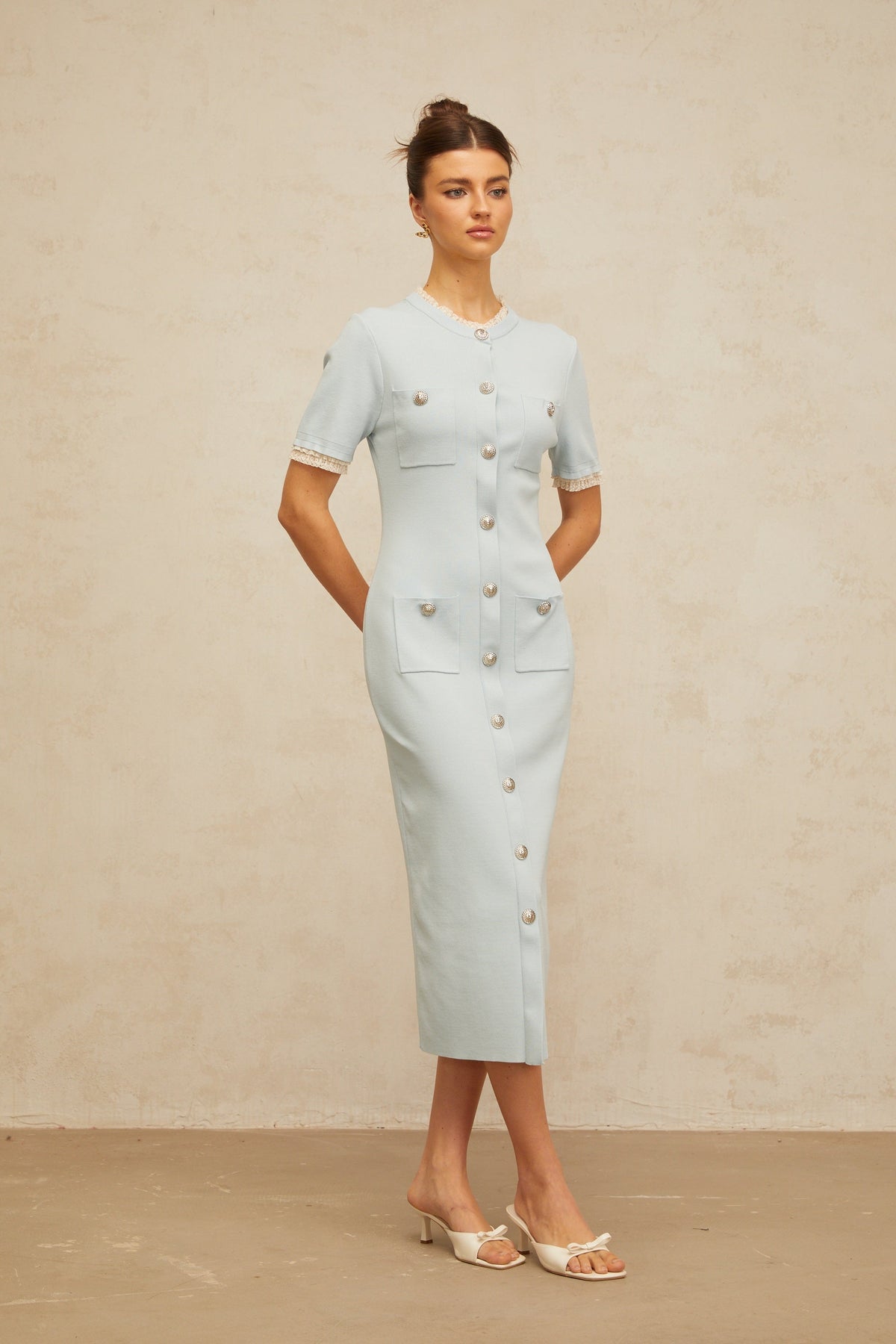 Mélisande light-blue pencil-silhouette knit midi dress
