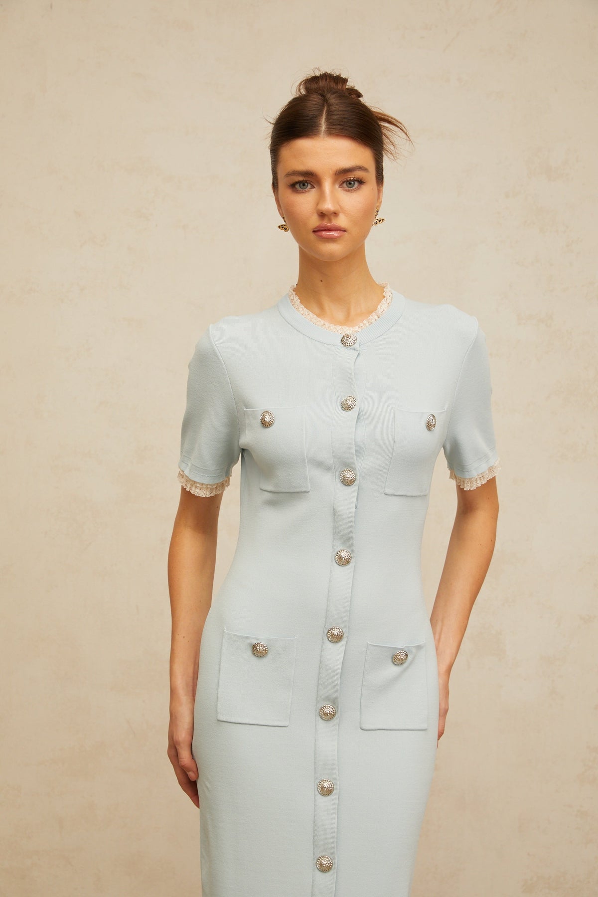 Mélisande light-blue pencil-silhouette knit midi dress (Final Sale)