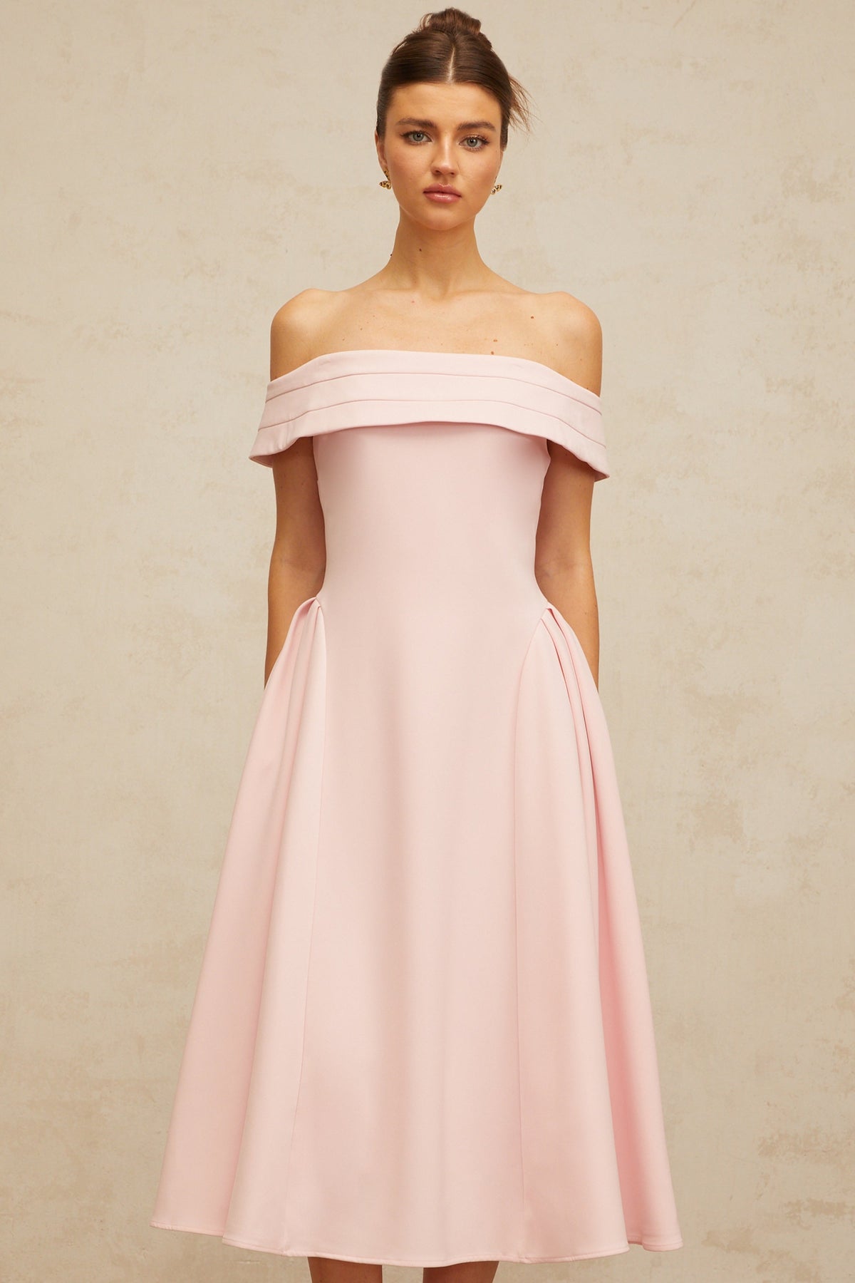 Zélie pink off-shoulder pleated midi dress (Final Sale-US Only)