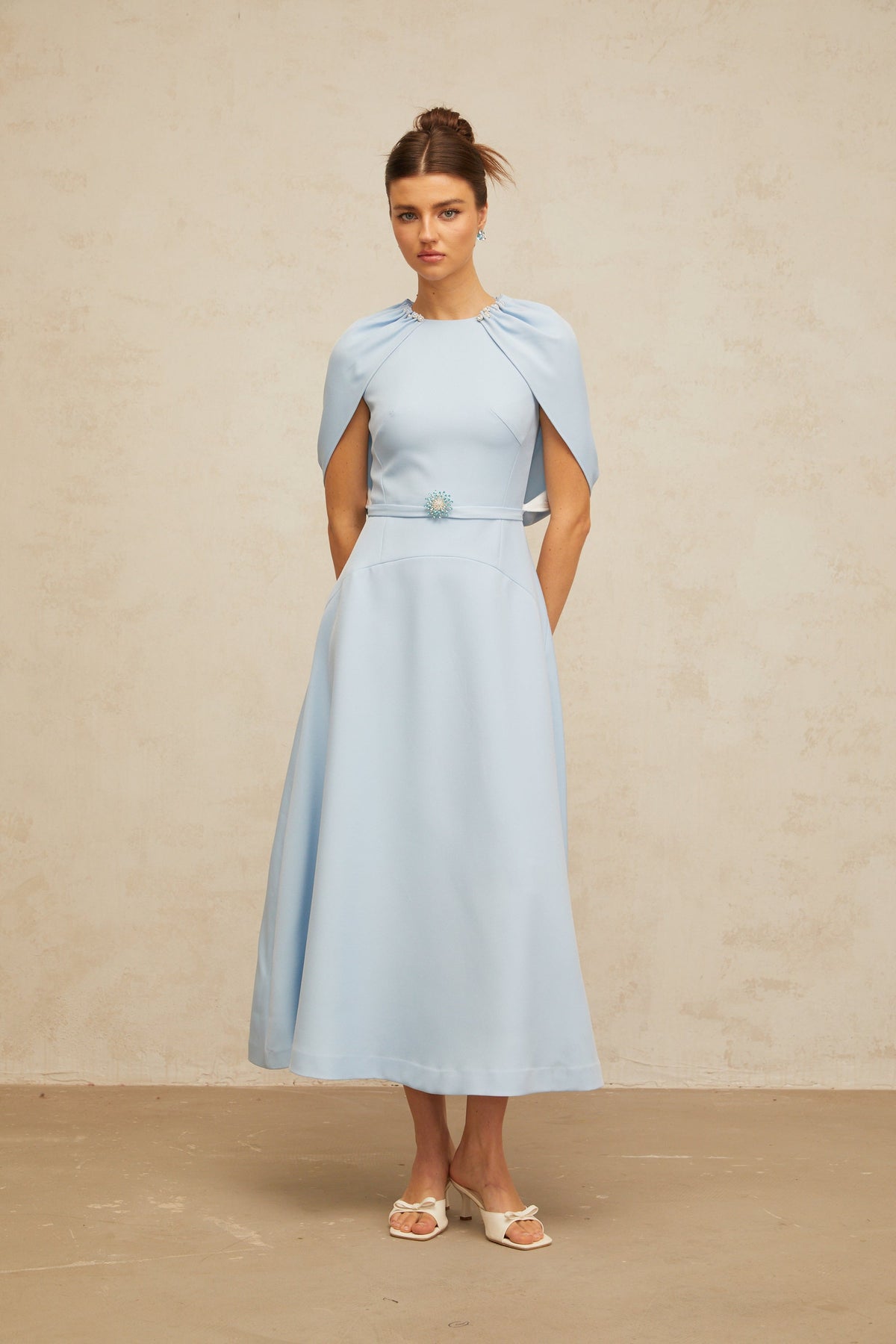 Lina blue shawl-panel embellished midi dress