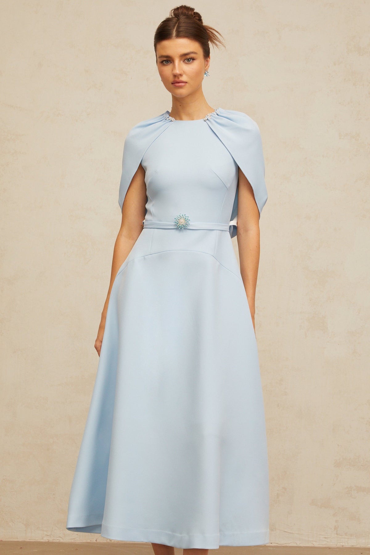 Lina blue shawl-panel embellished midi dress