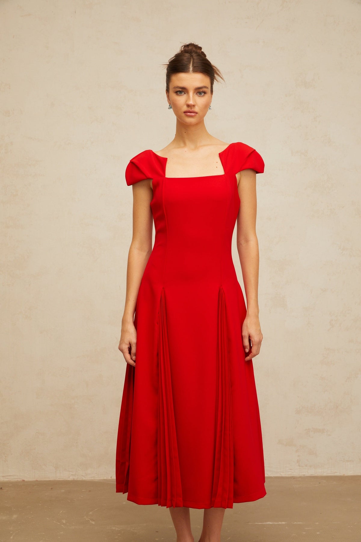 Gervaise red pleated-detail flared midi dress