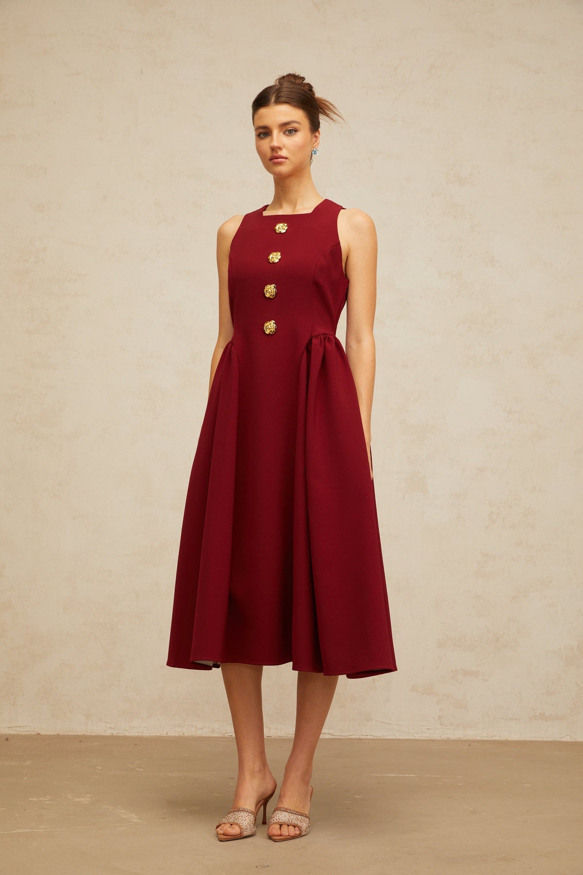 Amandine red flower-motif pleated midi tank dress