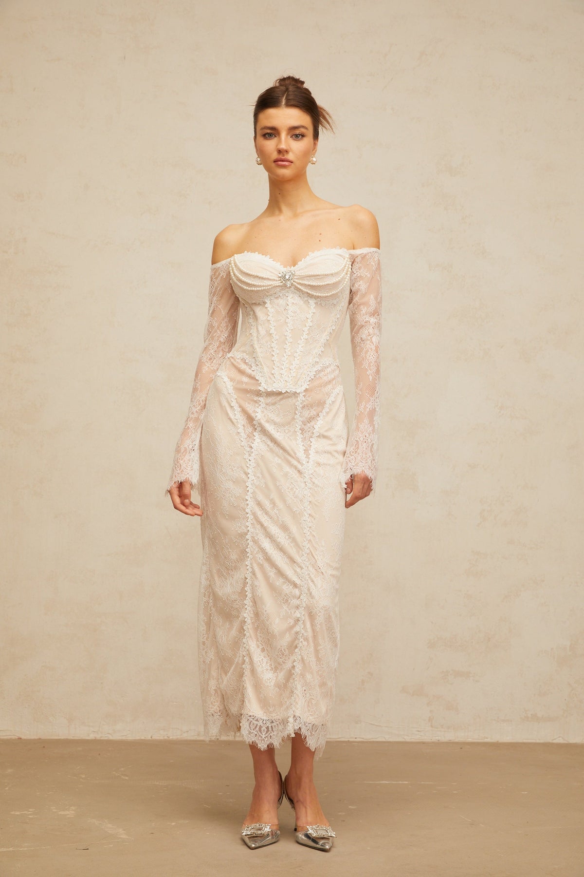 Énora white embellished floral-lace midi dress