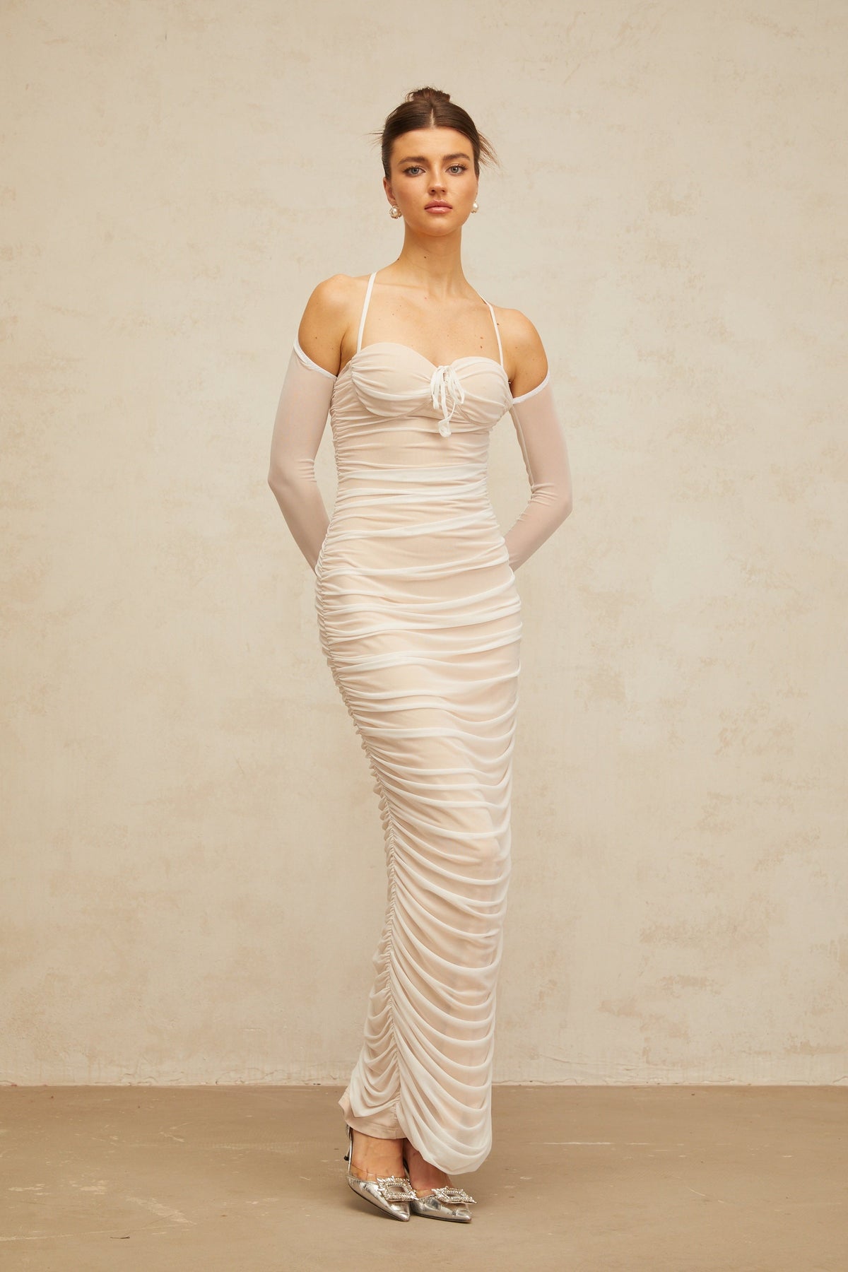 Ulysse white ruched bustier tulle maxi dress