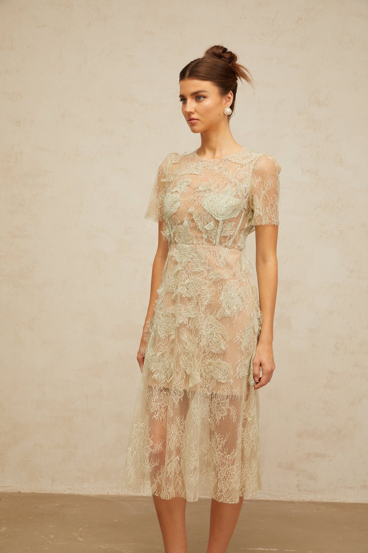 Xaviera mint-green floral-lace midi dress
