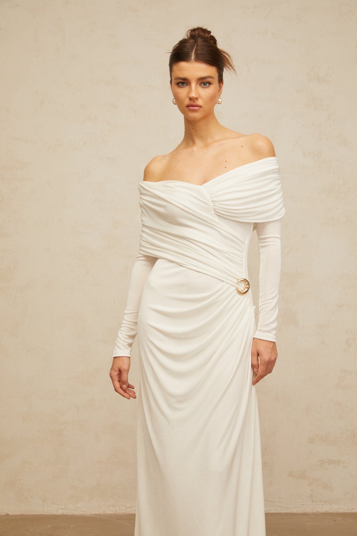Hélène ruched fitted stretch maxi dress in White (Final Sale-US Only)