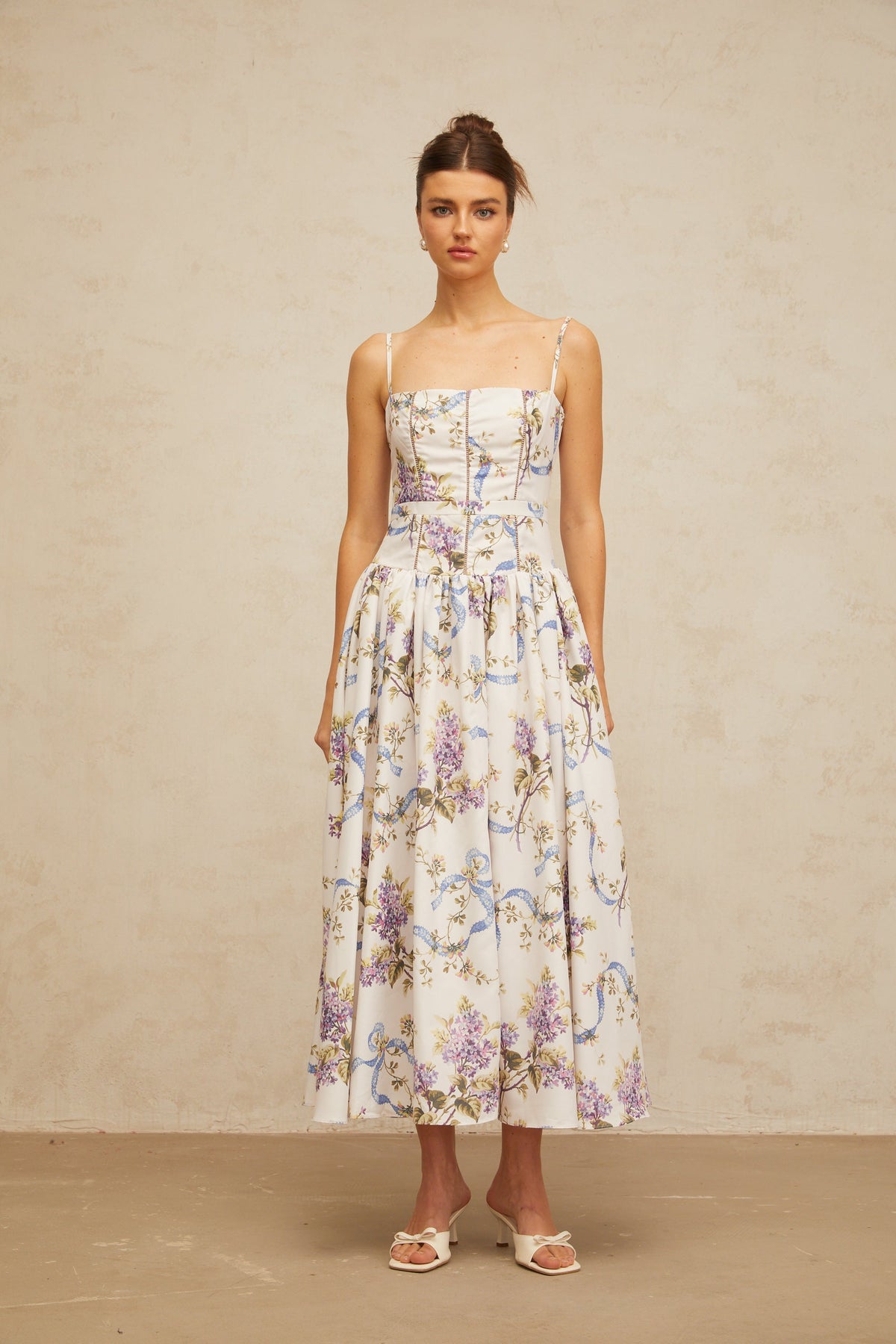 Fleur white floral-print midi dress