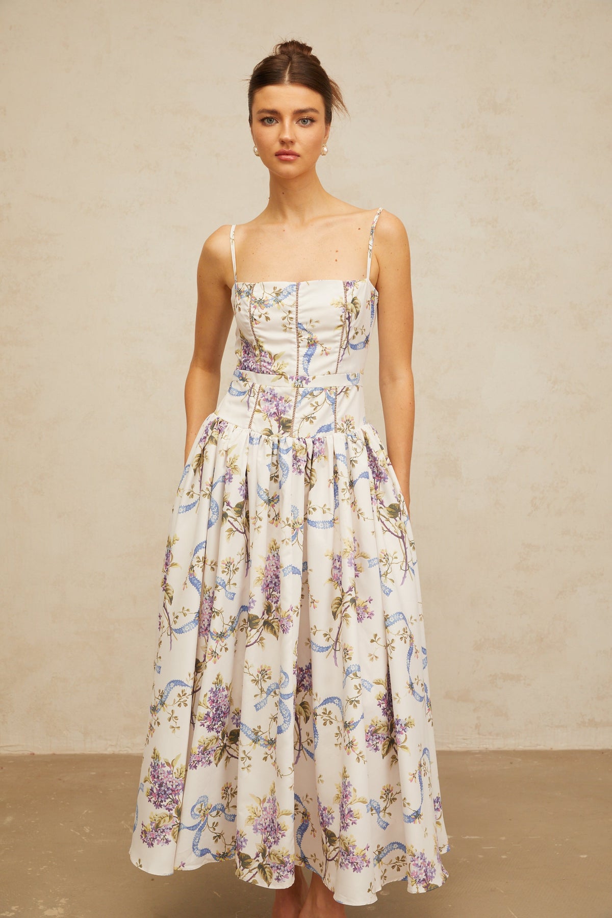 Fleur white floral-print midi dress