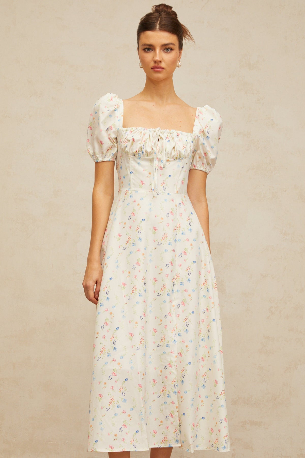 Eva white floral-print flared midi dress