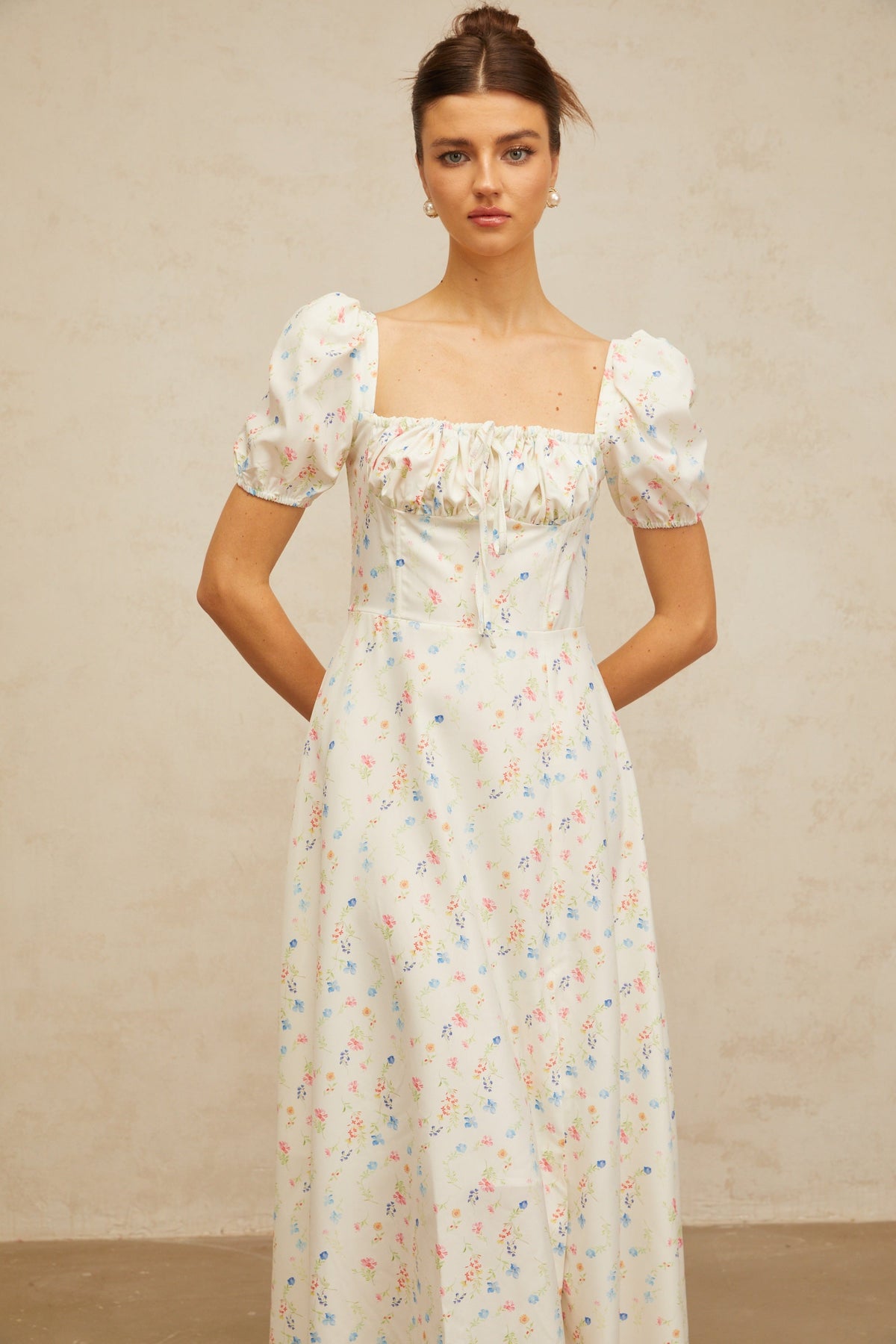 Eva white floral-print flared midi dress