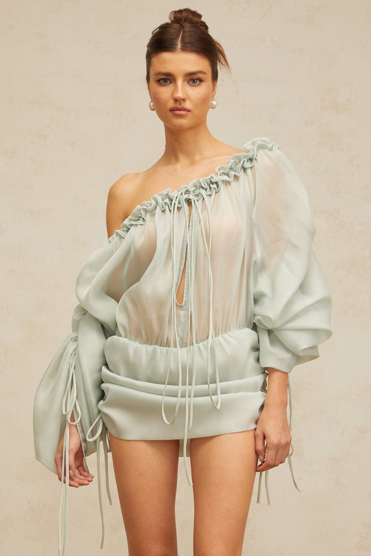 Béryl light-green ruffled-trim ruched mini dress