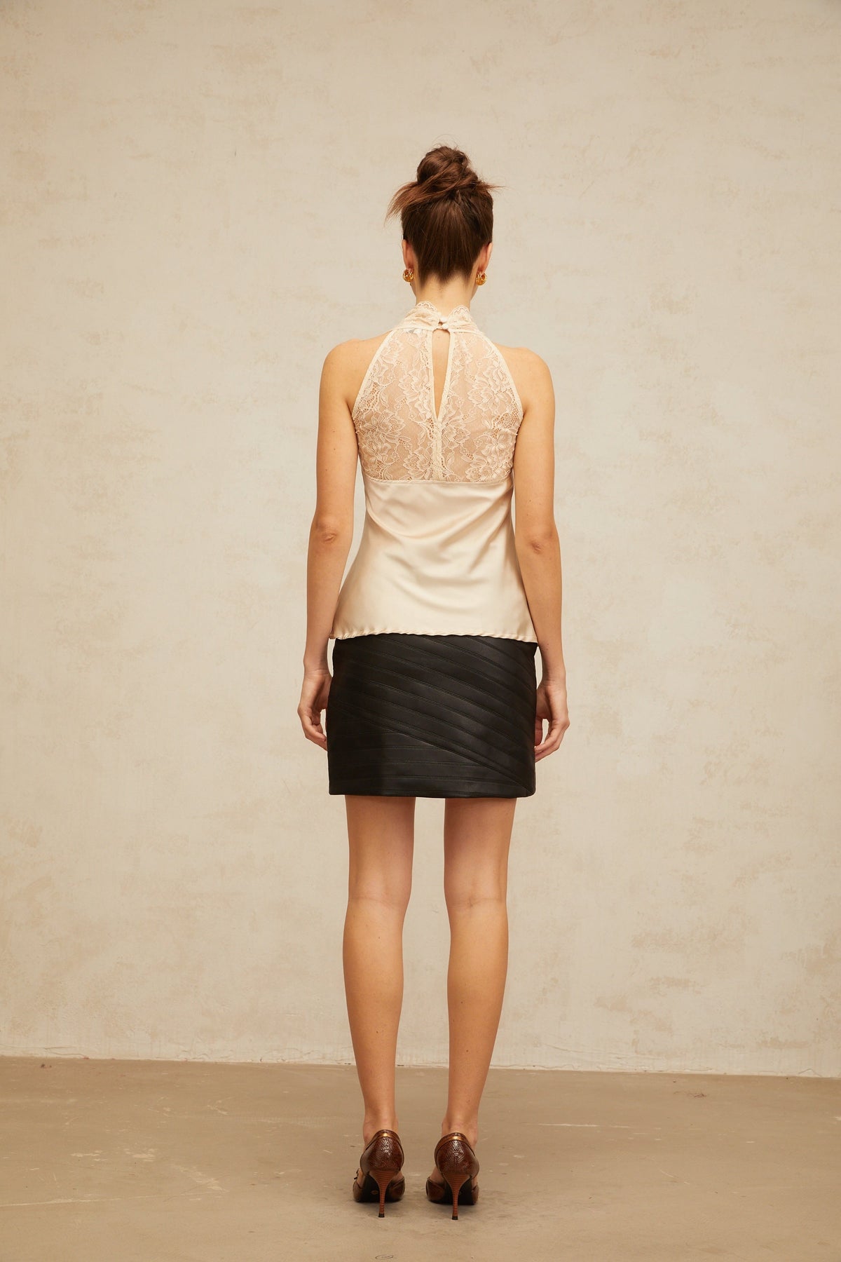 Aveline neutrals floral-lace panelled satin top