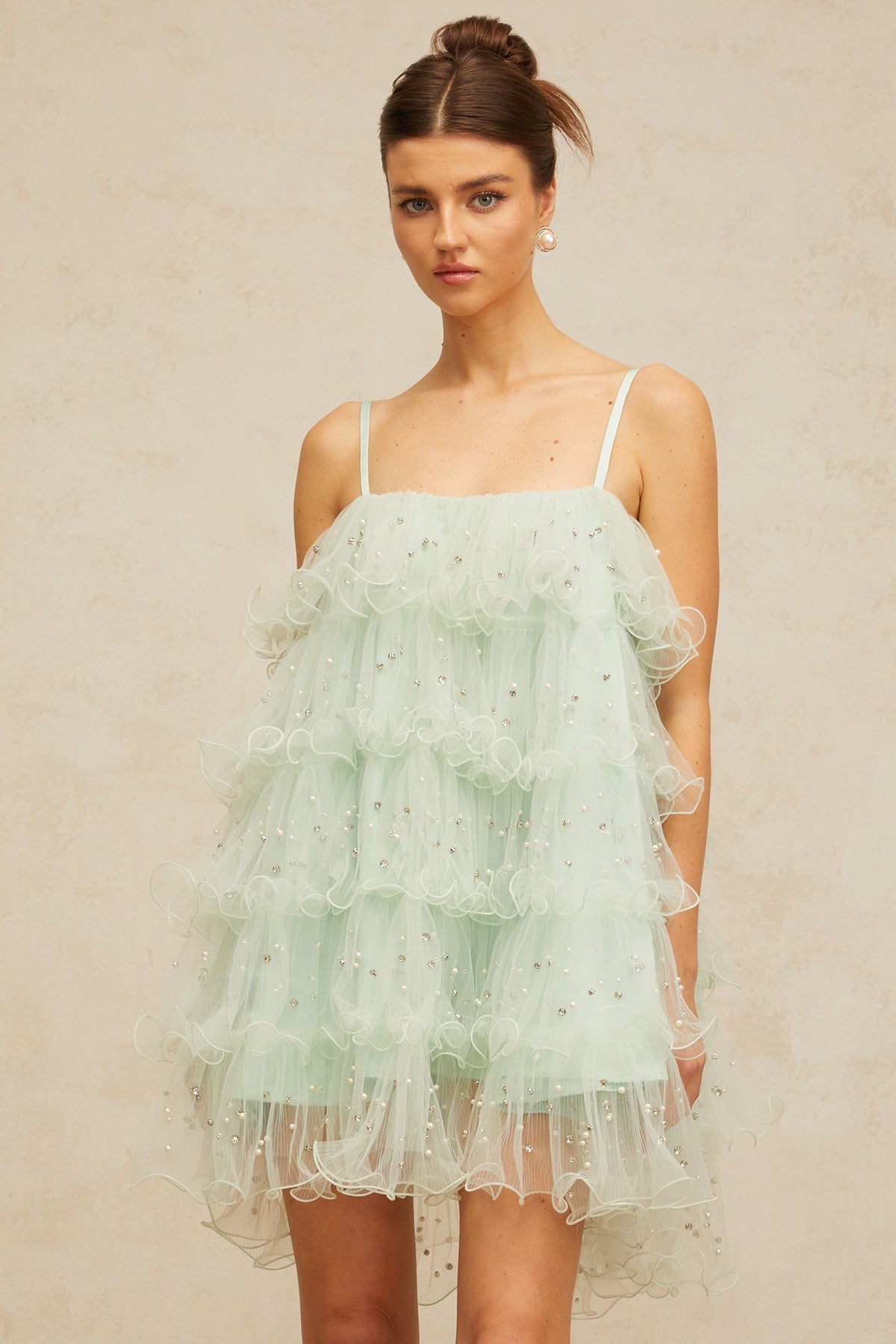 Airelle light-green embellished tiered tulle mini dress