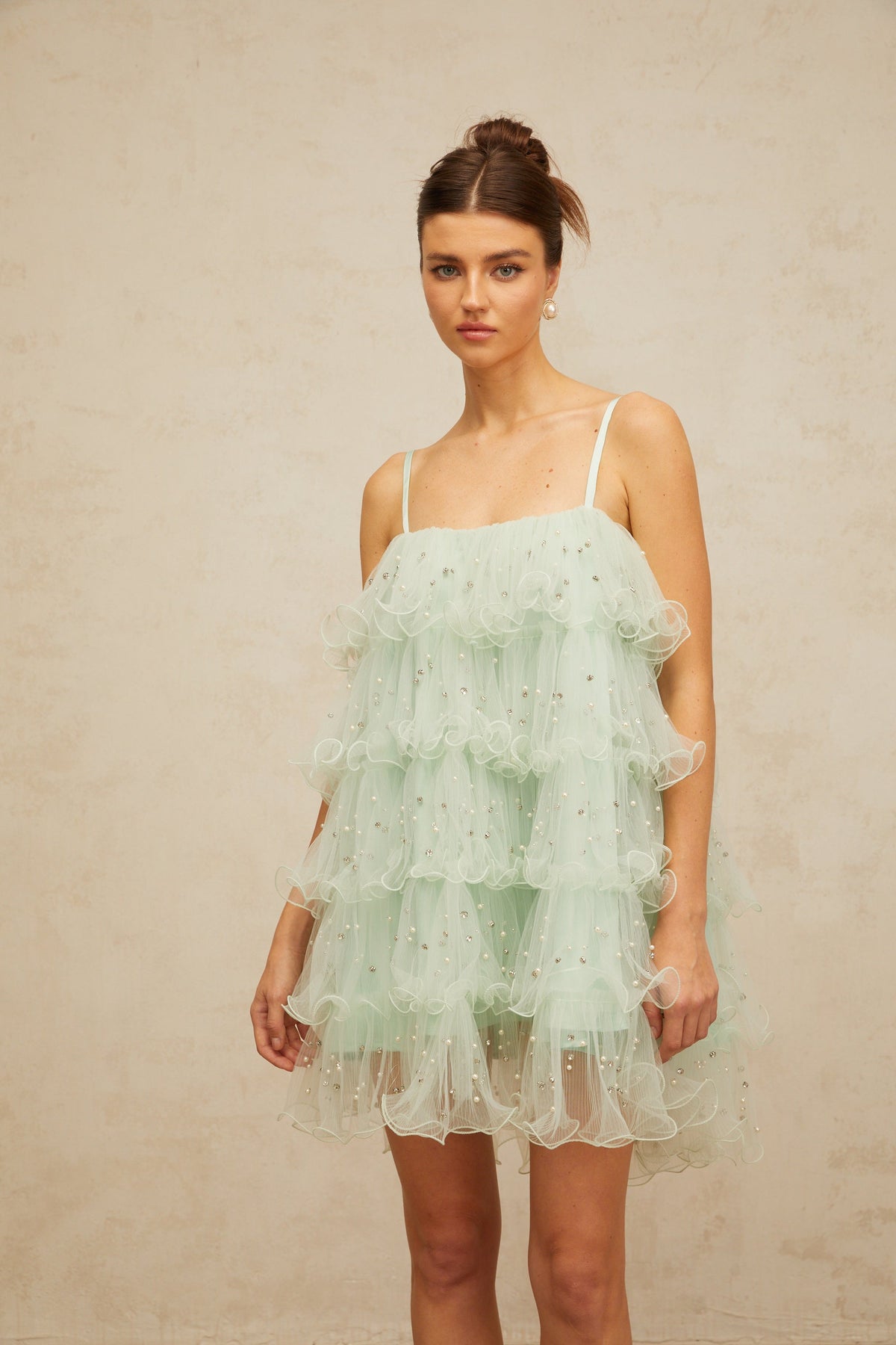 Airelle light-green embellished tiered tulle mini dress