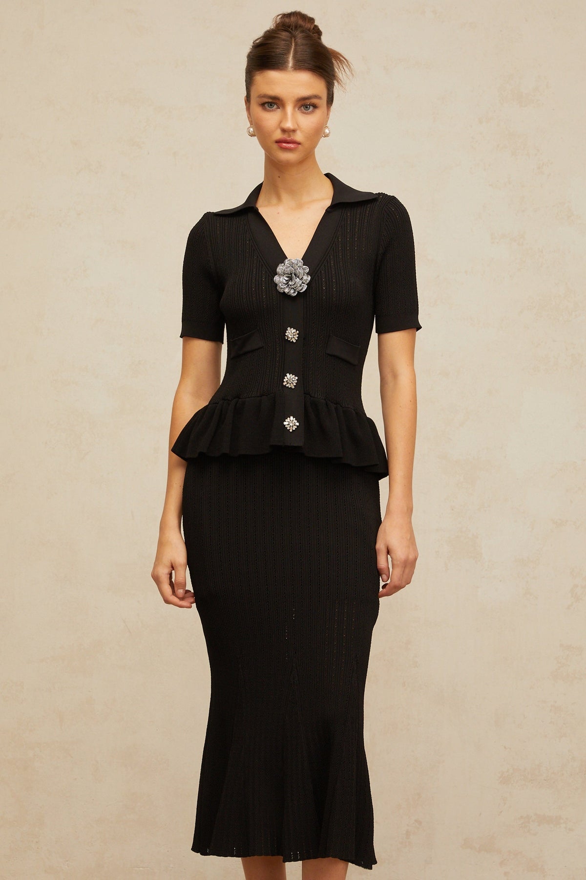 Félicie black embellished pointelle-knit midi dress