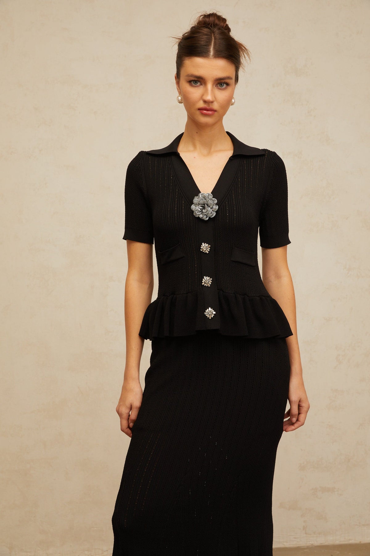 Félicie black embellished pointelle-knit midi dress